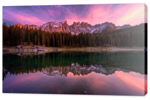 Beautiful sunset at Carezza lake, Dolomites, Italy, Europe