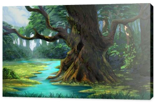 Ancient Tree in the Forest by the Riverside. Video Games Digital CG Artwork, Concept Illustration, Realistic Cartoon Style Background