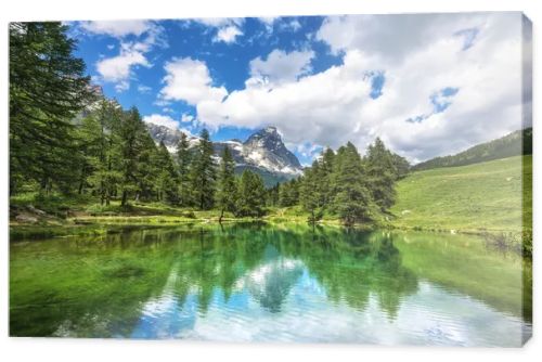 The Blue Lake (Lago blu in italian) and the reflected Matterhorn (Cervino in italian). Cervinia, Aosta Valley region, Italy