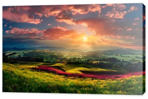 A peaceful meadow atop a hill, aglow with the warm colors of a sunset. Tall grasses, wildflowers, and rolling hills surround the scene, creating a serene and picturesque countryside ambiance.