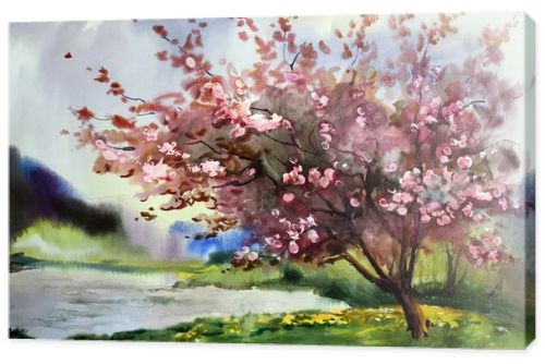 Watercolor painting landscape with blooming spring tree with flowers.