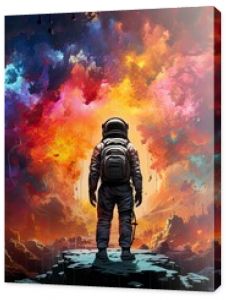 Astronauta w kolorowej przestrzeni kosmicznej z nebulami i tęczowymi chmurami. 