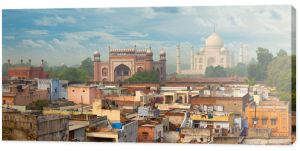 Panorama of Agra city, India. Taj Mahal in the background
