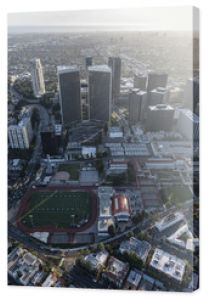 Afternoon aerial view of Century City buildings and streets in Los Angeles, California.  