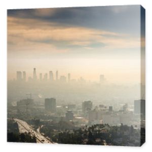 Smoggy morning sunrise overlooking downtown Los Angeles from Hollywood Hills