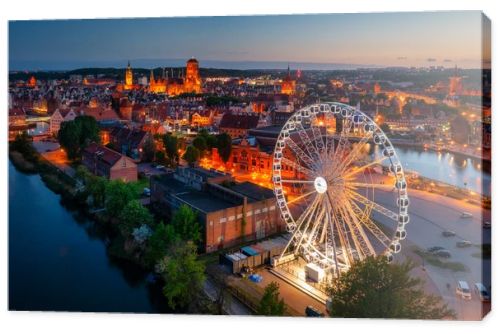 Aerial view of the beautiful Gdansk city at dusk, Poland