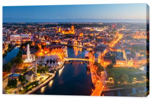 Aerial view of the beautiful Gdansk city at dusk, Poland