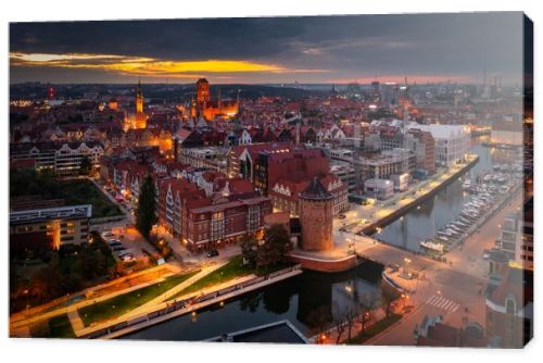 Aerial view of the beautiful main city in Gdansk at dusk, Poland