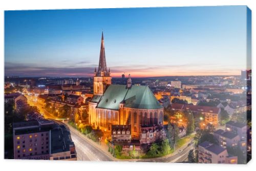 Szczecin, Poland. Aerial view of Archcathedral Basilica of St. James the Apostle at dusk