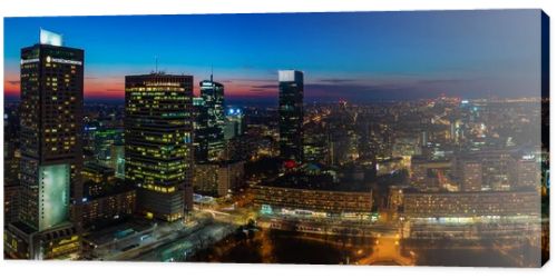 A panorama picture of the business district of Warsaw at sunset / early evening.