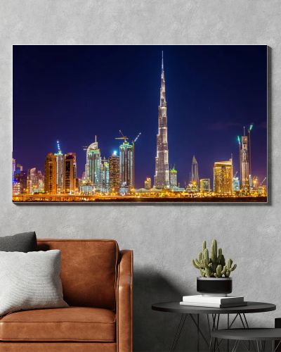 Night view of Dubai Downtown with Burj Khalifa