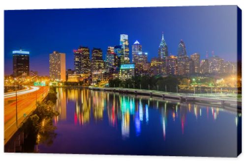 The Philadelphia skyline and Schuylkill River at night, seen fro