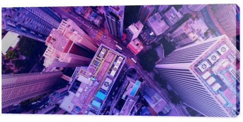 Aerial view of the skyscrapers of the city of Kuala Lumpur in the style of the 80s, neon colors. Wide shot 