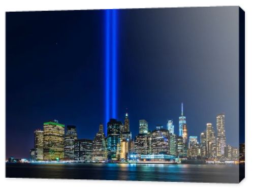 Clear view from Brooklyn of 911 memorial tribute light in Manhattan, New York City