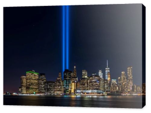 Clear view from Brooklyn of 911 memorial tribute light in Manhattan, New York City