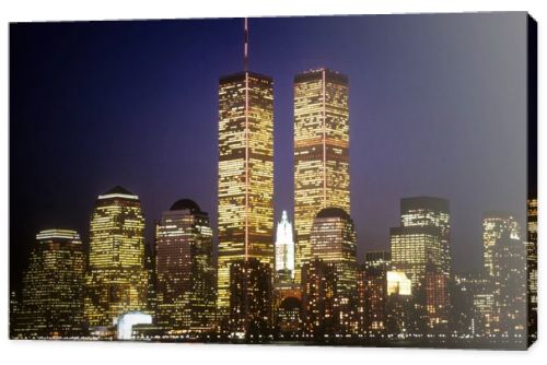 New York City skyline with the World Trade Center towers at night. Horizontal shot.