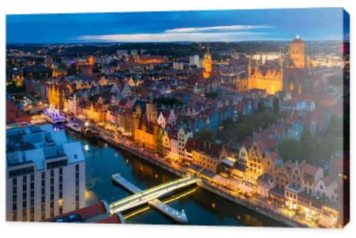 Aerial view of the Gdansk city over Motlawa river with amazing architecture at dusk,  Poland