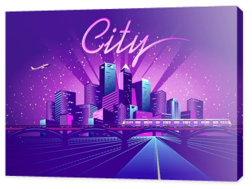 vector illustration neon colored city at night in electric lights road in depth