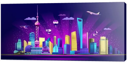 Vector horizontal illustration of the embankment of the night Chinese city Shanghai in neon glow with skyscrapers houses buildings in the sky plane, helicopter and airship, banner