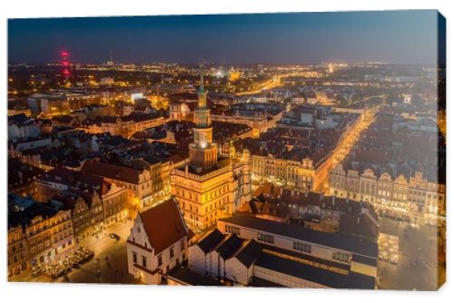 Evening aerial view on Poznan main square and old town. Poznan, Wielkopolska, Poland