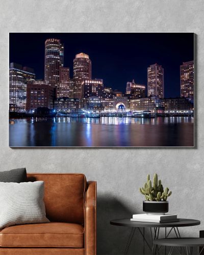 Boston Harbor and Financial District skyline at night - Boston, 