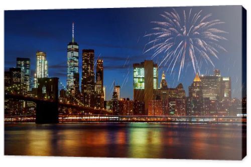 New York City's Brooklyn Bridge and Manhattan skyline illuminated amazing fireworks in Independence day