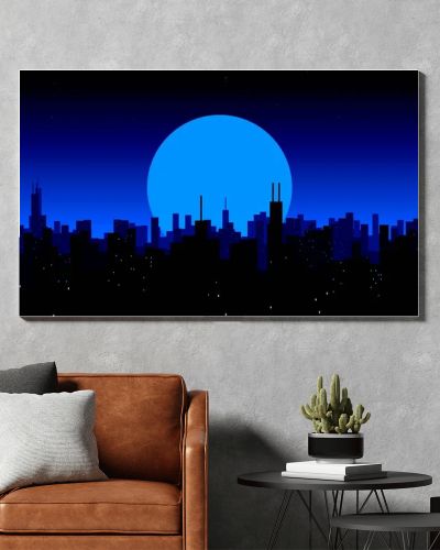 Moon rising over a city. Night City Skyline. Cityscape Background, Beautiful night sky with stars over city buildings. Best wallpaper. Blue sky.