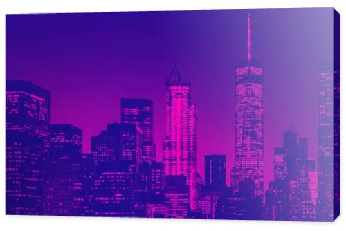 Night view of lower Manhattan skyline in New York. Blue and purple duotone effect