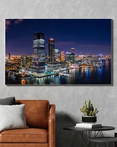 Aerial panorama of Jersey City skyline at night