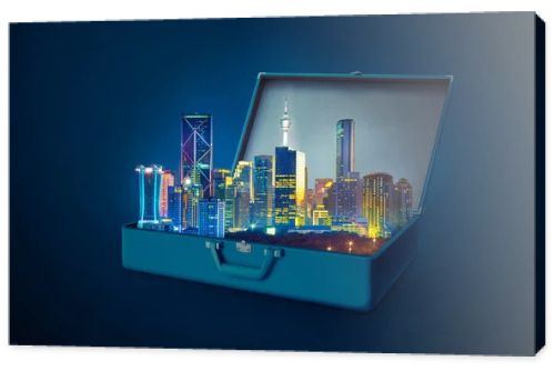 Night scene modern city skyscrapers in an open retro vintage suitcase isolated on blue background 