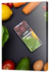 Telefon z tekstem o niskiej zawartości FODMAP dieta na żywo z warzywami i owocami zdrowej diety i odżywiania