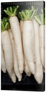 Pyszna biała rzodkiew przygotowana do sprzedaży na targu / Delicious white radish prepared for sale at the market 