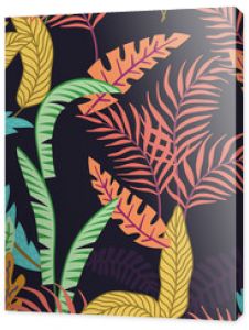 Abstrakcyjna egzotyczna kompozycja tropikalnych liści i palm. Plaża dżungli kreskówka wzór tapety czarne tło