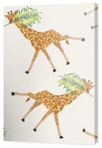 Piękny tropikalny wzór vintage z liśćmi palmowymi w ustach żyrafa zabawny kwiatowy bezszwowy letni wzór na białym tle