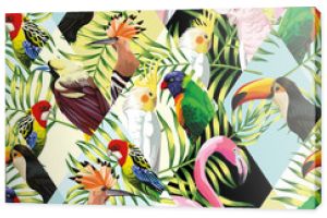 Patchwork tropical birds palm leaves multicolor background