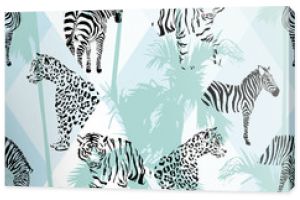 Patchwork tropical black color animals seamless background