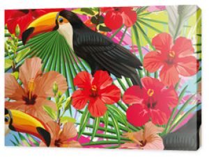 Tukan pozostawia i kwiaty wzór kolorowy pstrokaty backg
