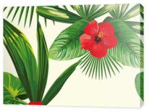 Tropical leaves seamless hibiscus white background