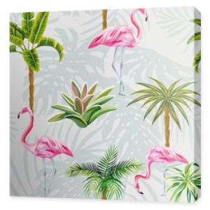 Flamingo palm trees cactus seamless grey background with leaves