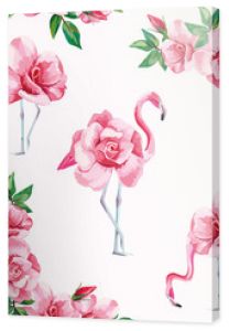 Flamingo roses seamless pattern white background