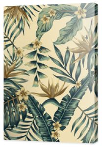 Tropical leaves and gold flowers seamless beige background