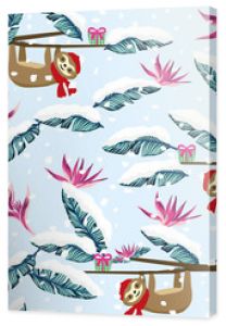 Funny cartoon sloth gift box snowy tropical seamless pattern blue background