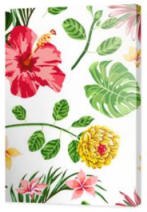 Tropical flowers pattern hibiscus with palm leaf  