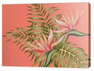 Tropical flowers strelizia and palm leaves composition