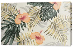 Green gold plants hibiscus seamless beige background