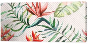 Botaniczny wielokolorowy wzór hibiskusa rajskiego ptaka strelizia i paproci bananowej Palmowe zielone liście na jasnym kol