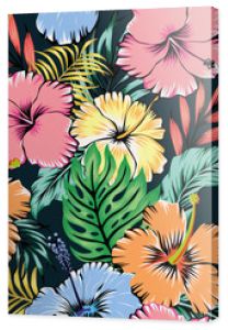 Żywa letnia ilustracja kreskówka wektor styl wzór kwiaty hibiskusa i liście tropikalne na czarnym tle