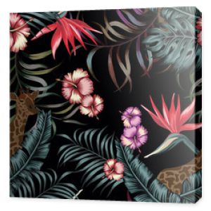 Exotic tropical plants and flowers in the jungle night with giraffe. Seamless vector illustration pattern on a black background palm leaves in trendy blue style