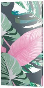 Wydrukuj letnie, modne, egzotyczne, abstrakcyjne, różowe liście tropikalne z zielonym marmurowym liściem monstera, bezszwowym wzorem wektorowym na szarym b
