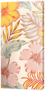 Exotic vector seamless fashionable hand drawing hibiscus flowers with palm tree leaves on light yellow background. Tropical summer pattern modern wallpaper